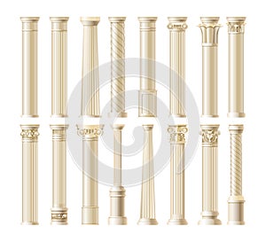 Realistic antique pillars set. Antique column, classic pillar. Ancient ornate pillars historic roman greek architecture facades