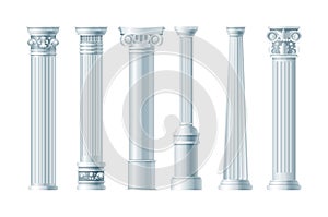 Realistic antique pillars set. Antique column, classic pillar. Ancient ornate pillars historic roman greek architecture facades