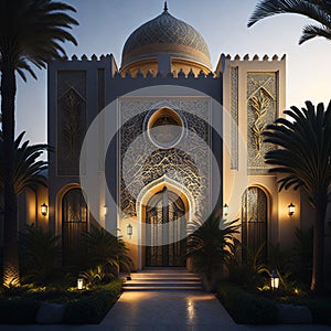 Realistic Arab style villa with realistic professional faade lighting is the subject Generative AI photo