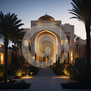 Realistic Arab style villa with realistic professional faade lighting is the subject Generative AI photo
