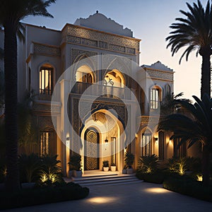 Realistic Arab style villa with realistic professional faade lighting is the subject Generative AI photo