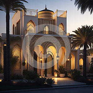 Realistic Arab style villa with realistic professional faade lighting is the subject Generative AI photo