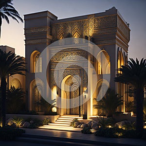 Realistic Arab style villa with realistic professional faade lighting is the subject Generative AI photo