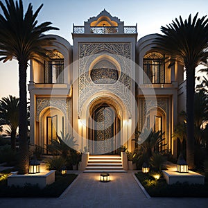 Realistic Arab style villa with realistic professional faade lighting is the subject Generative AI photo