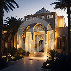 Realistic Arab style villa with realistic professional faade lighting is the subject Generative AI photo