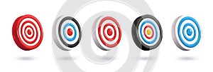 Realistic archery target set. Set of plastic 3d targets isolated on white background. Business goal. Vector