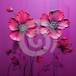 Realistic Art Illustration Of Two Pink Flowers On Purple Background
