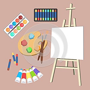 Realistic art supplies, set art materials. Artist Accessories. Easel, canvas, tablet, pastel, paint in tubes, watercolor