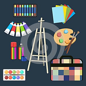 Realistic art supplies, set art materials. Easel, pastel, paint in tubes, watercolor, palette and brush, spray paint in