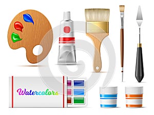 Realistic artist tools. Painting supplies, palette with paint strokes and brushes, knife, art equipments, watercolor and