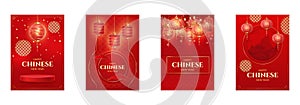 Realistic asian lanterns posters. China new lunar year spring flyers template, festive 3d red banner with lantern