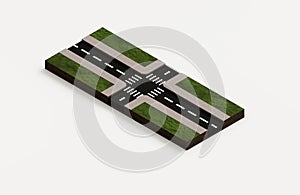 Realistic Asphalt road junction zebra crossing cross section diagram in 3d axonometric view