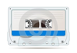 Realistic audio cassette with magnetic tape, vintage object isolated on white