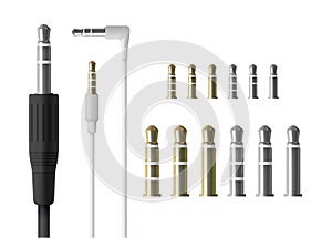 Realistic audio mini jack plug set. Isolated vector illustration of white connector.