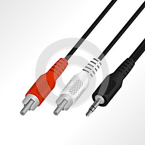 Realistic audio mini 3.5 mm to RCA cable vector illustration.