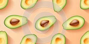 Realistic avocado halves pattern in seamless style on a flat peach-colored background