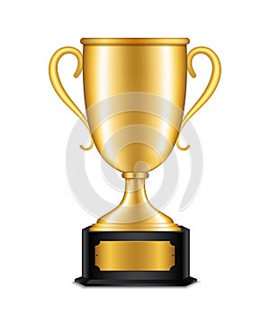 Realistic award cup for winner, champion. Golden trophy for congratulationin sport, game. Gold winner prize on isolated background