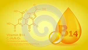 Realistic B14 Pyrroloquinoline quinone Vitamin drop with structural chemical formula. 3D Vitamin molecule B14 photo