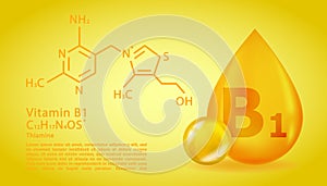 Realistic B1 Thiamine Vitamin drop with structural chemical formula. 3D Vitamin molecule B1 Thiamine design. Drop pill