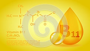 Realistic B11 L-carnitine Vitamin drop with structural chemical formula. 3D Vitamin molecule B11 L-carnitine design