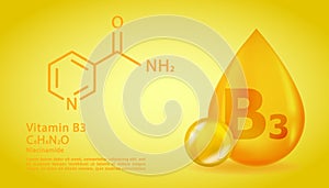 Realistic B3 Nicotinamide Vitamin drop with structural chemical formula. 3D Vitamin molecule B3 Nicotinamide design