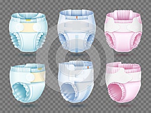 Realistic baby diapers. Absorbent cotton accessory angle view 3d isolated, different types, mounts and colors, new born body care photo