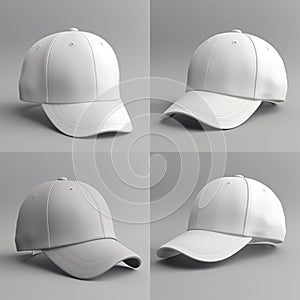 Realistic back front and side view white baseball cap isolated on white background