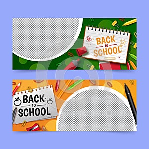 realistic back school vector design banners set with photo