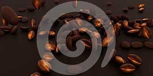 Realistic background with falling roasted coffee bean with blur effect. Flying espresso seed. Coffee grains burst for