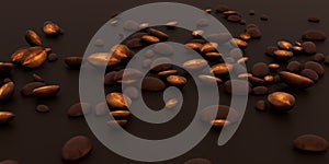 Realistic background with falling roasted coffee bean with blur effect. Flying espresso seed. Coffee grains burst for