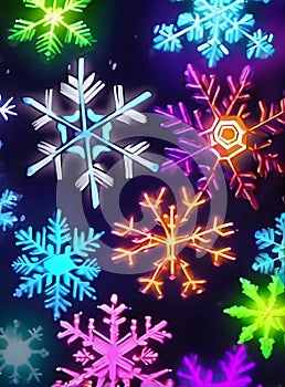 Realistic background with snowflakes neon colors.