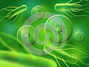 Realistic bacteria and cells. Green microscopic biology or micro nature organisms. Abstract biological cell background