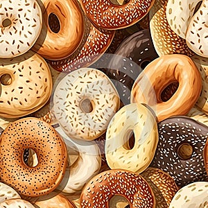 Realistic bagels, many varieties of the breakfast food. Carbs. Seamless background..