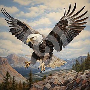 Realistic Bald Eagle Painting Over Mountains And Rock