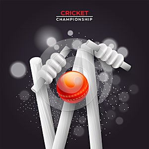 Realistic ball hit wicket stumps on black bokeh background.