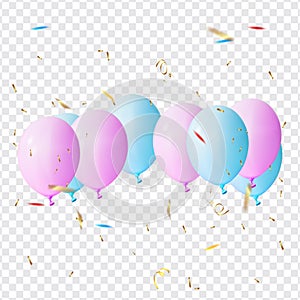 Realistic balloon with confetti on transparent background