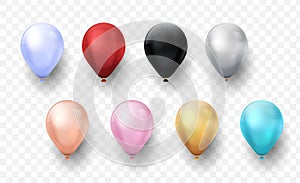 Realistic balloons. 3D inflated round shapes for holiday party. Colorful helium balls on transparent background