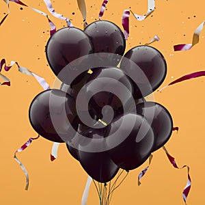 Realistic balloons with serpentine on yellow background. 3d rendering.