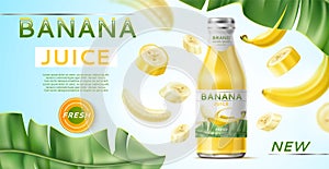 Realistic banana poster. Fruit juice advertising banner, glass bottle with sweet drink, brand text, tasty tropical
