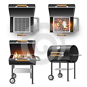 Realistic barbecue grill. Modern cylindrical outdoor grill in different angles view, open, closed lid, burning coals