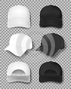 Realistic Baseball cap mockup isolated on transparent background. White and black textile cap front, back and side view