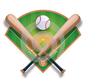Realistic baseball concept with baseball crossed bat, ball and filed. Vector sport iilustration