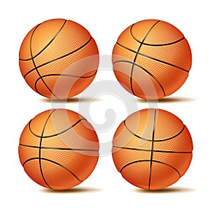 Realistic Basketball Ball Set Vector. Classic Round Orange Ball. Different Views. Sport Game Symbol. Isolated