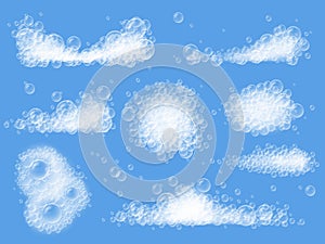Realistic bath soap foam. Clean soapy froth bubbles, different shape foams and suds isolated vector illustration set