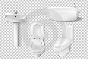 Realistic bathroom collection template. White clean toilet, bowl, sink, washroom basin. Mockup of toilet and sink for