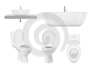 Realistic bathroom collection. Toilet, washing cabinet bowl bathroom sink clean white for fresh washroom basin. Vector