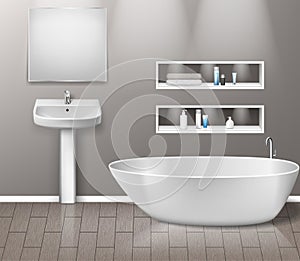 Realistic bathroom furniture interior with modern bathroom sink, mirror, shelves, bathtub and decor elements on grey