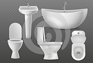 Realistic bathroom objects. White collection bathtub, toilet seat and washbasin with faucet. Bathroom sanitary vector 3d mockups
