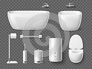 Realistic bathroom and toilet elements. Shower and toilet objects, sink and bidet, bath and boiler, white hygienic