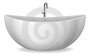 Realistic bathtub. 3d isolated bathroom object side view. Ceramic white tub and metal faucet tap, acrylic sink for